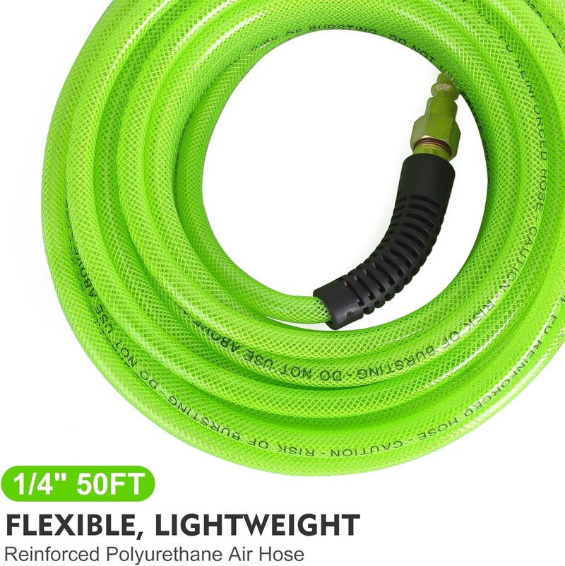 FYPower Air Compressor Hose 1/4 Inch x 50 Feet Reinforced Polyurethane (PU) Air Hose with Fittings, Bend Restrictors, 1/4" Industrial Quick Coupler and Plug Kit, Green - Image 2